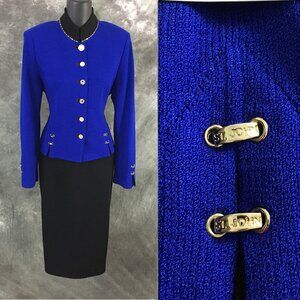 BEAUTIFUL St John collection knit blue black jacket skirt suit 4